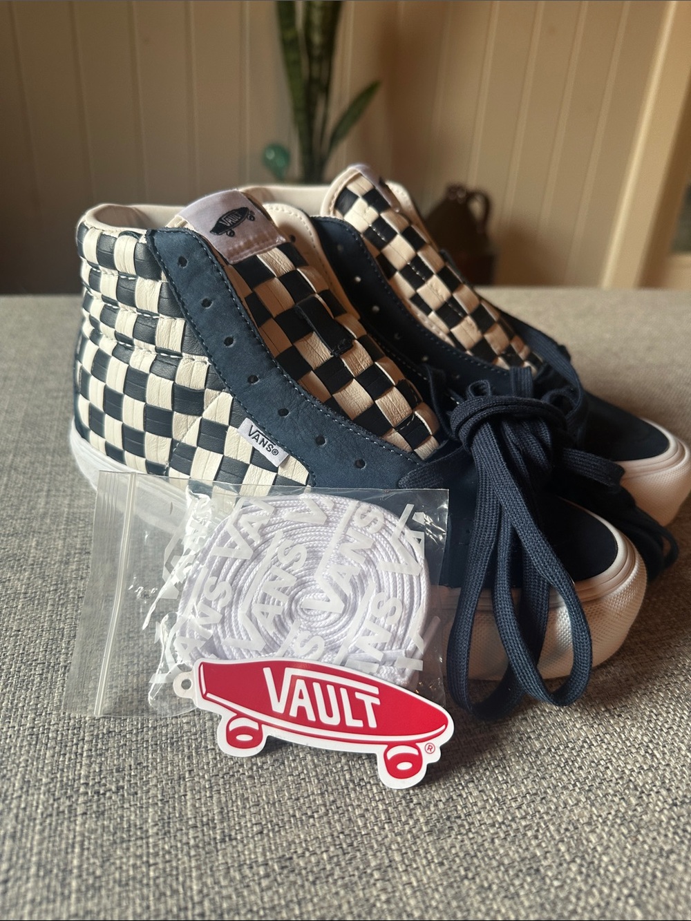 Vans Checkerboard High-Top Sneakers in Navy & White